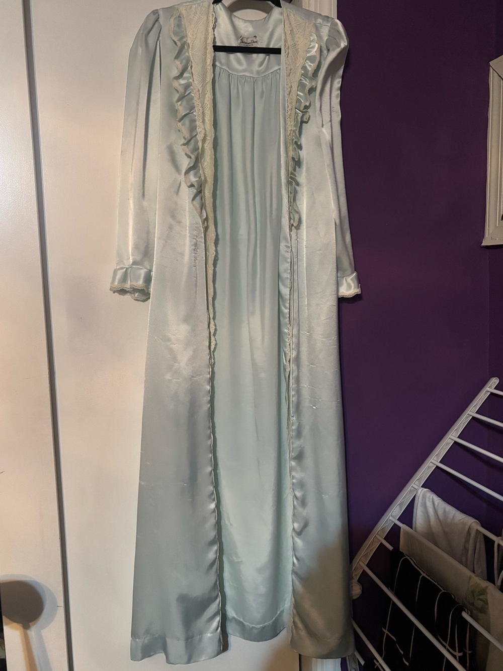Vintage Dior Loungewear Satin Floor Length Designer Robe in Pale Mint